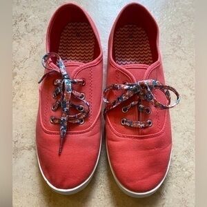 Pink Canvas Tennis Shoes With Floral Laces